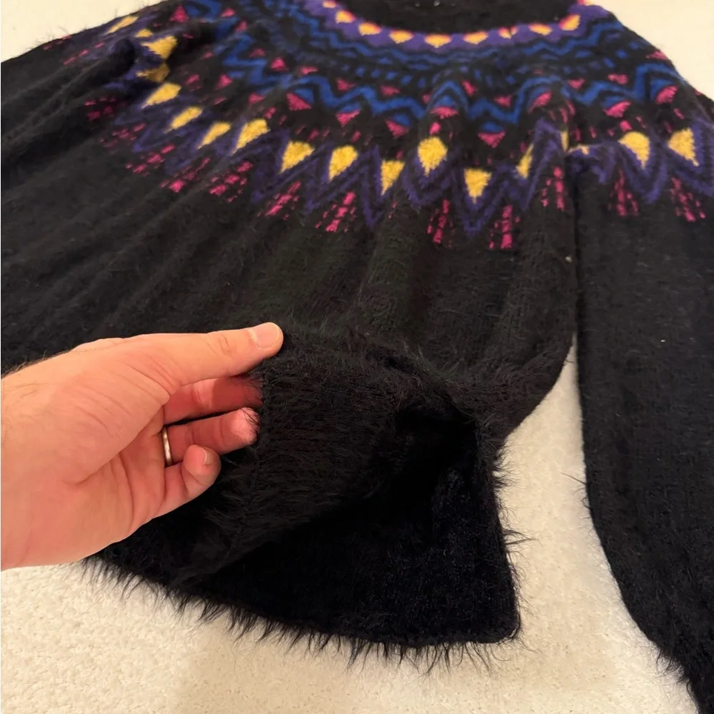Fuzzy Fair Isle Pullover Women’s Sweater - Black with Purple Pink Gold & Blue - Picture 2 of 6